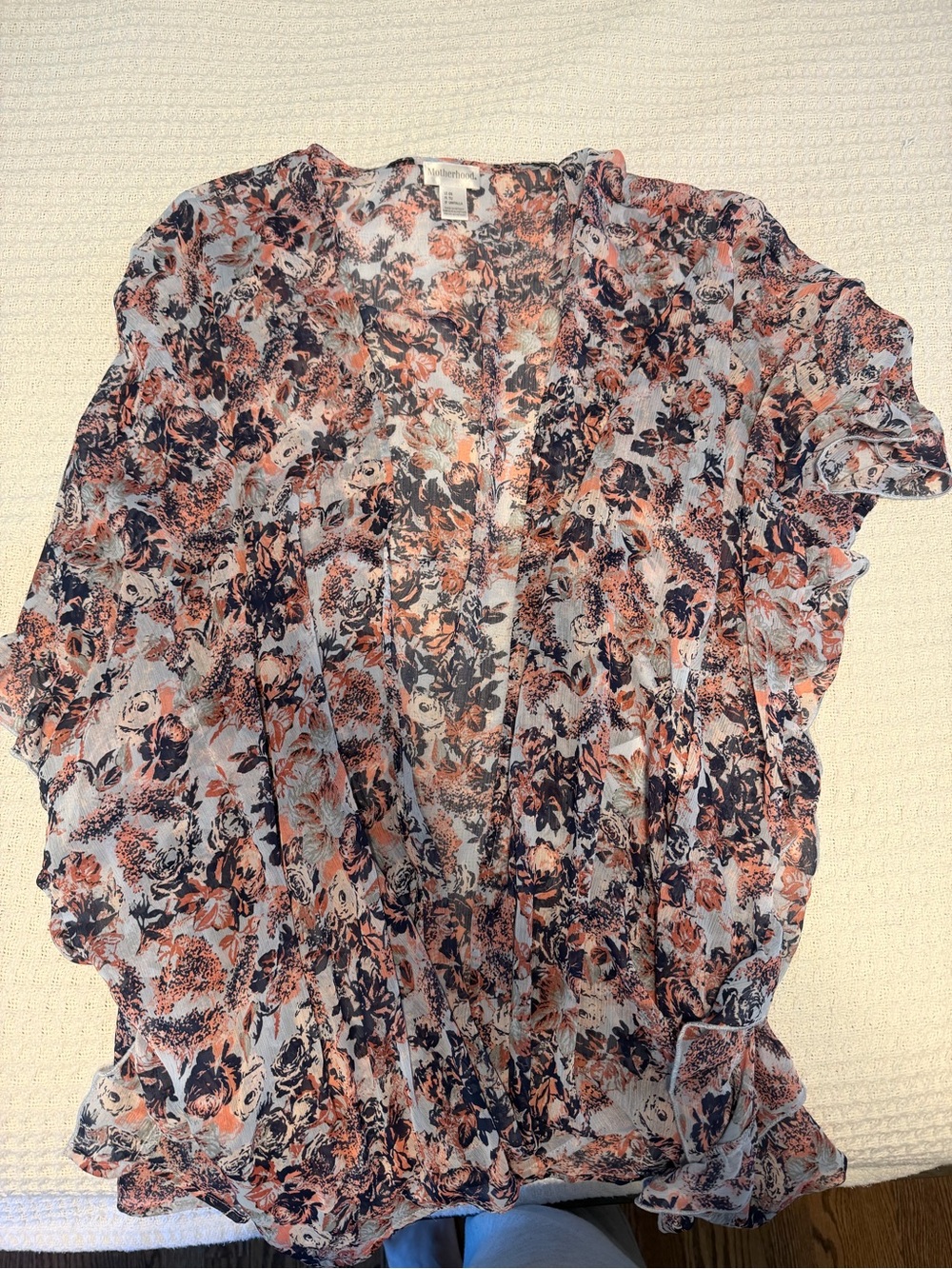 Motherhood Maternity Sheer Floral Ruffle Blouse - Peach & Navy